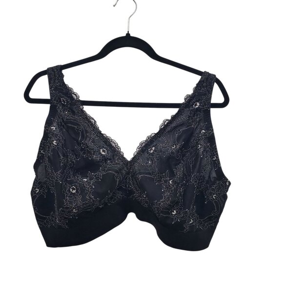 Glamorise #7013 Lace Plunge Wirefree Bralette Black Unlined Full Figure Bra 44DD - Picture 1 of 6